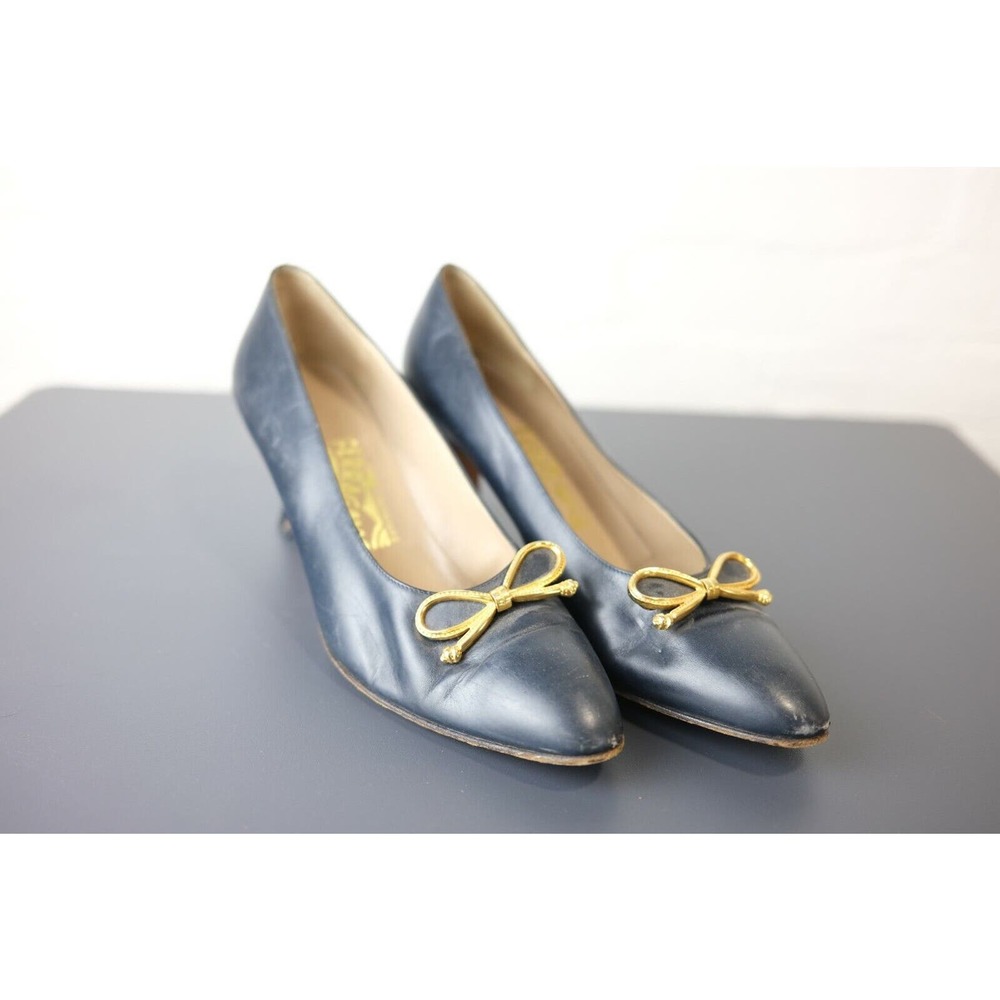 Salvatore Ferragamo Pumps - Navy Blue with Gold Decorative Tie - Used, US 8
